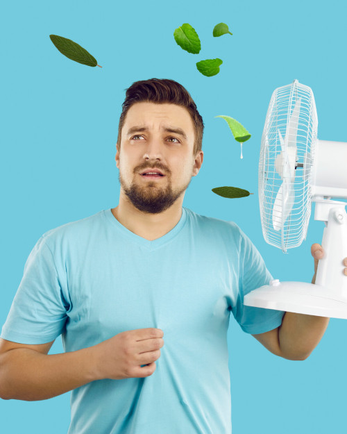 Mann hält Ventilator in der Hand – Erfrischung bei Sommerhitze mit natürlichen Heilpflanzen
