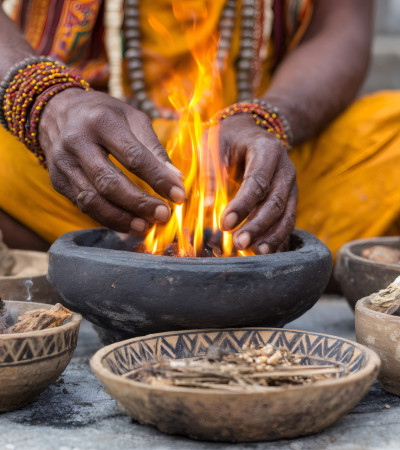 Indian shaman performing traditional ritual with fire and herbs