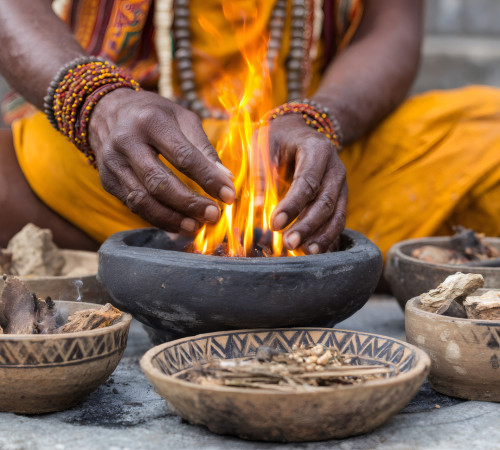 Indian shaman performing traditional ritual with fire and herbs