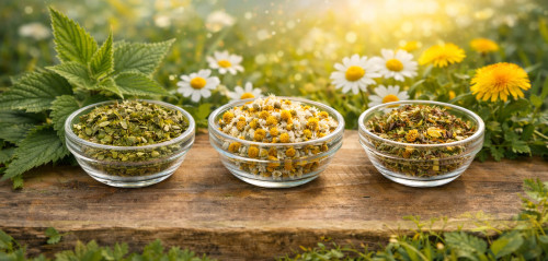 Brennnessel, Kamille und Löwenzahn als Kräutertee-Mischung zur natürlichen Unterstützung bei Allergie-Beschwerden