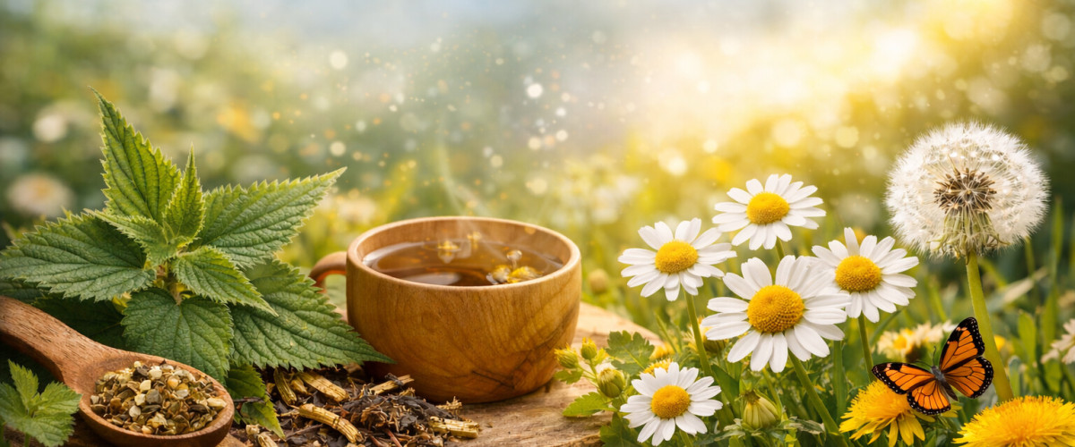 Brennnessel, Kamille und Löwenzahn mit Kräutertee in einer sonnigen Frühlingswiese – natürliche Unterstützung bei Allergie-Beschwerden
