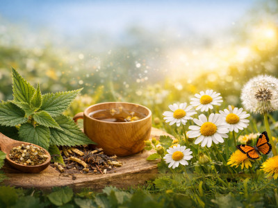 Brennnessel, Kamille und Löwenzahn mit Kräutertee in einer sonnigen Frühlingswiese – natürliche Unterstützung bei Allergie-Beschwerden