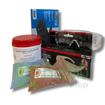 STARTERSET Seifensieden mit Schutzbrille Handschuhen Natronlauge 500 g NaOH Tonerde rosa und Tonerde blau