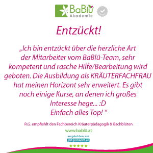 Das sagen unsere AbsolventInnen der Kräuterausbildung bei BaBlü - Kräuterpädadogin Heilkräuterpädagoge Kurse und Seminare  Das sagen unsere AbsolventInnen der Kräuterausbildung bei BaBlü - Kräuterpädadogin Heilkräuterpädagoge Kurse und Seminare